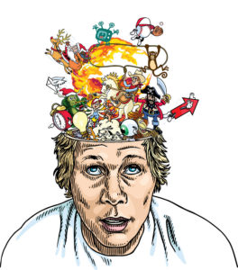 Image of a man's head exploding with crazy stuff